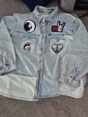 Denim&Co Light Blue Patchwork Jean Jacket with Punk Patches Custom